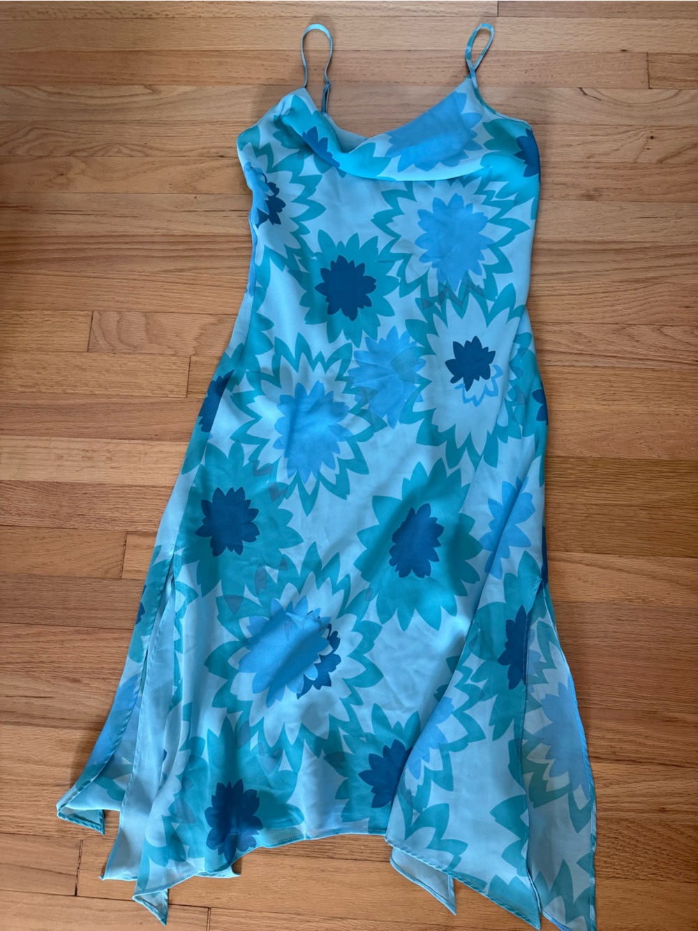 Vintage Y2K Express Blue Floral Cowl Neck Slip Dress in Size 9/10